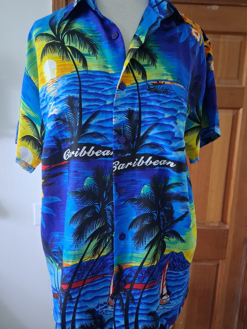 Caribbean Palm-Print Short Sleeve Button-Down Shirt - Blue